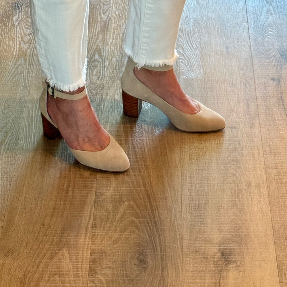 Beige Block Heel Ankle Strap Shoes